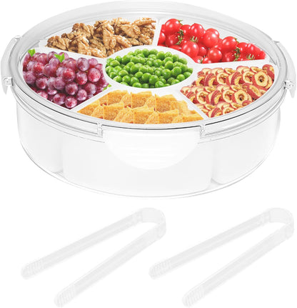 Qivine Veggie Tray with Lid for Fridge, Portable Vegetable Tray with Lid and Dip, 6 Compartments Divided Serving Tray with Lid and Handle, Round Veggie Trays for Serving for Party with 2 Clips
