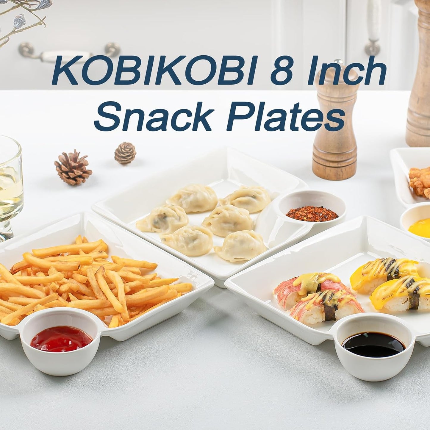 Chip and Dip Serving Platter Set of 4-8 Inch Ceramic Divided Plates with Sauce Compartment, Food-Safe Snack Plate for Dumpling, Sushi, Appetizer, Taco - White