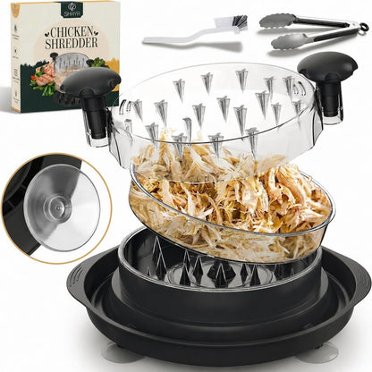 SIHAYA Large Chicken Shredder Tool Twist – 11 Inch, Suction Cups, Visible Lid, Removable Tray, Tongs & Brush – Strong and Food Grade Safe for Chicken, Birria, Beef – Dishwasher Safe