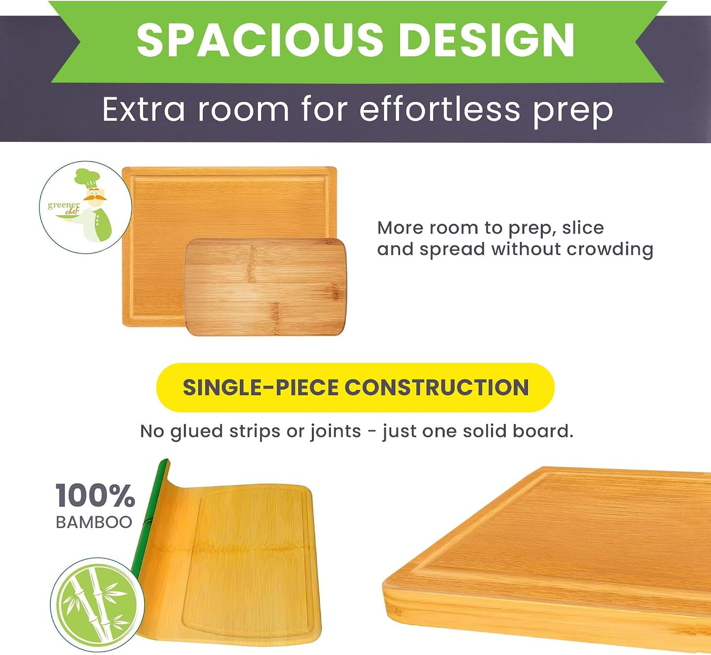 Greener Chef Luxury Bamboo Cutting Board Set of 3 with Glue-Free Surface Technology - Extra Spacious Wood Cutting Boards for Kitchen and XL Chopping Board Set - Replacements for Life