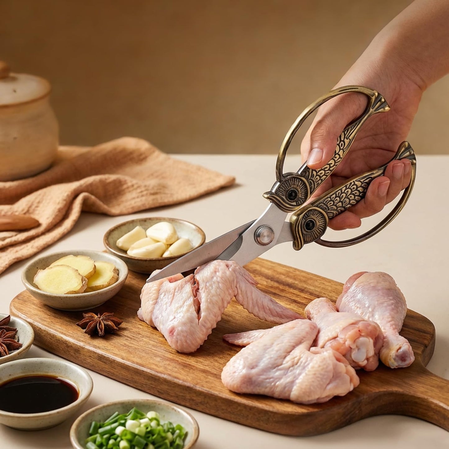 Kitchen Owl Scissors - Stainless Steel Kitchen Scissors, Sharp Meat Scissors, Dishwasher Safe, Heavy-duty Poultry Scissors, Food Cooking Scissors, Gift for Men and Women (Pearl nickel, large)