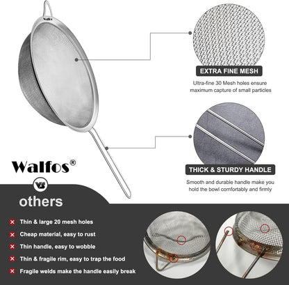 Walfos 6.3 Inch Fine Mesh Strainer, Premium Stainless Steel Sieve and Sifter with Handle, Kitchen Metal Strainers for Rice, Quinoa, Fruits, Noodles, Flour