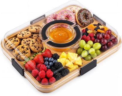 Charcuterie Board with Clear Lid, Portable 6-Compartment Cheese & Snack Tray, Reversible Bamboo Cutting Board, Secure Latch Closure for Picnics, Parties & Light Travel, Housewarming Gift