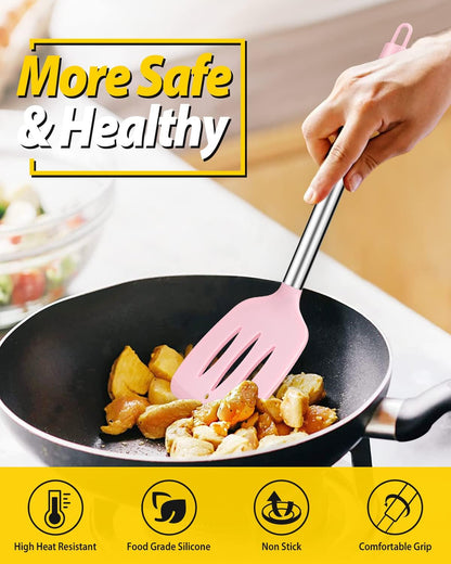 Pack of 4 Silicone Cooking Utensils Set, Non Stick Large Solid Spatulas, Heat Resistant Black Slotted Spoons, Ideal BPA Free Kitchen Turners for Frying, Mixing,Serving,Draining,Turning,Stirring