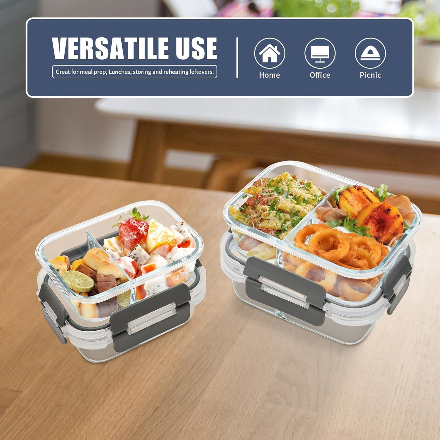 GULFLIN 12 Pack 22oz Glass Meal Prep Containers, Food Storage Containers with Lids, Air-Tight, Leak-Resistant, Freezer to Microwave Safe - Grey Set