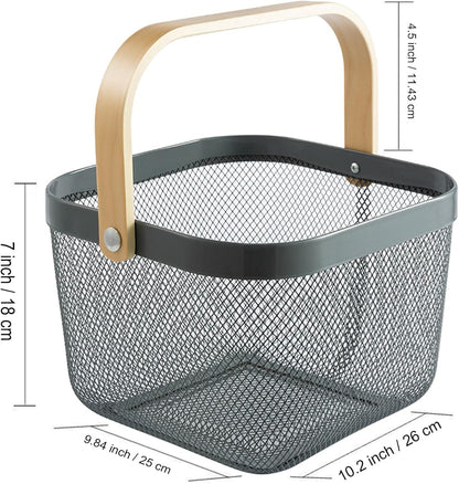 AJIODA Metal Mesh Steel Basket, Storage Organizer Basket Multi-functional Hanging Kitchen Baskets Fruit Basket Bin with Bamboo Handle for Kitchen Bathroom Picnic Shopping Decor Cabinet Home, Blue
