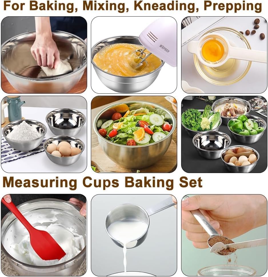 WEPSEN Mixing Bowls Set, 25PCS Stainless Steel Mixing Bowl with Lid Set, Large Nesting Bowls 7, 4.5, 3,2, 1.5QT, Measuring Cups and Spoons Baking Utensils Metal Bowl for Kitchen Prep