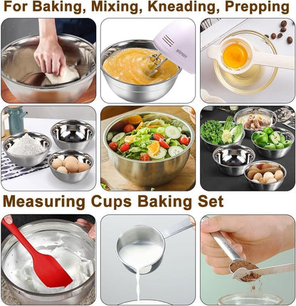 WEPSEN Mixing Bowls Set, 25PCS Stainless Steel Mixing Bowl with Lid Set, Large Nesting Bowls 7, 4.5, 3,2, 1.5QT, Measuring Cups and Spoons Baking Utensils Metal Bowl for Kitchen Prep