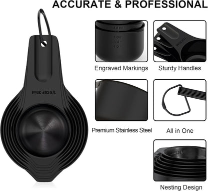 21 Pcs Stainless Steel Measuring Cups and Spoons Set, Wildone Stackable Metal Measuring Cups and Spoons for Cooking & Baking, Includes 7 Cups, 9 Spoons and 5 Mini Spoons（Black）