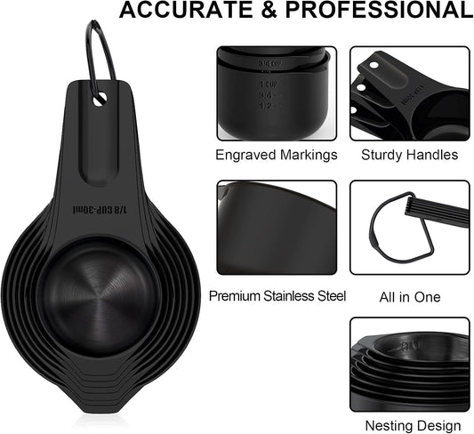 21 Pcs Stainless Steel Measuring Cups and Spoons Set, Wildone Stackable Metal Measuring Cups and Spoons for Cooking & Baking, Includes 7 Cups, 9 Spoons and 5 Mini Spoons（Black）