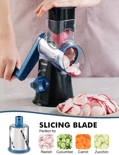 Geedel Rotary Cheese Grater, Kitchen Mandoline Vegetable Slicer with 3 Interchangeable Blades, Easy to Clean Rotary Grater Slicer for Cheese, Vegetables, Nuts