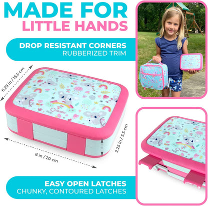Bento Box with Stainless Steel Thermo, Insulated Lunch Bag, Ice Pack Set for Kids - 5 Compartments, Lunches or Snack Container for Girls, Toddlers Daycare Pre-School, Kindergarten Purple Unicorn