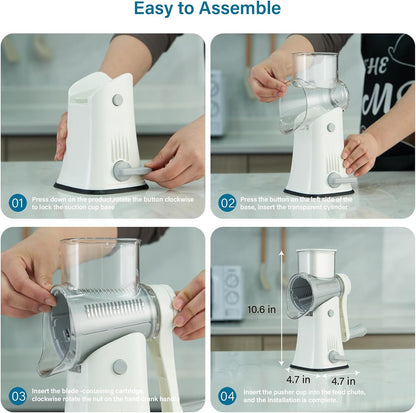 Rotary Cheese Grater hand crank 3 blades with Stronger Suction Base | Stainless Steel Blades for Fruits, Vegetables, Nuts. Dishwasher Safe & Easy to Clean, Transparent Black & Blue