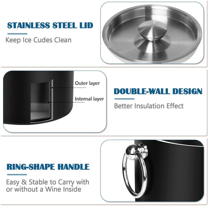 Ice Bucket with Lid & Tong- Well Made Insulated Stainless Steel Keep Ice Frozen Longer - Ideal for Cocktail Bar, Parties, Chilling Wine, Champagne - 3 Liter (Black)