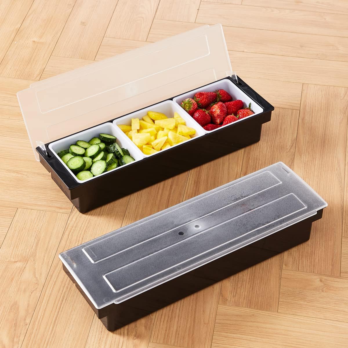 Ice Cooled Condiment Serving Container-6 Compartment Chilled Garnish Tray Bar Caddy with Hinged Lid (6 Compartments)