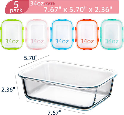 5 Pack Glass Meal Prep Containers 3 Compartment with Lids, Divided Glass Storage Containers with Silicone Sleeve for Lunch, Leak-Proof Portion Control Food Containers, Dishwasher Safe, 34 oz