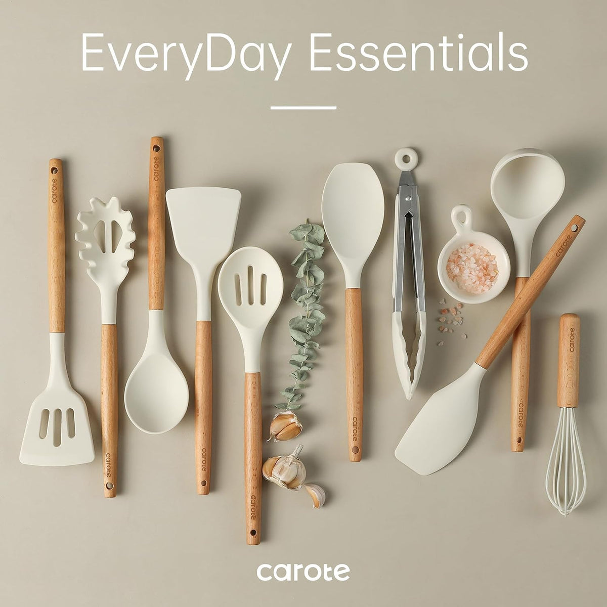 CAROTE Kitchen Utensils Set with Wood Cool-Touch Handles, Cream