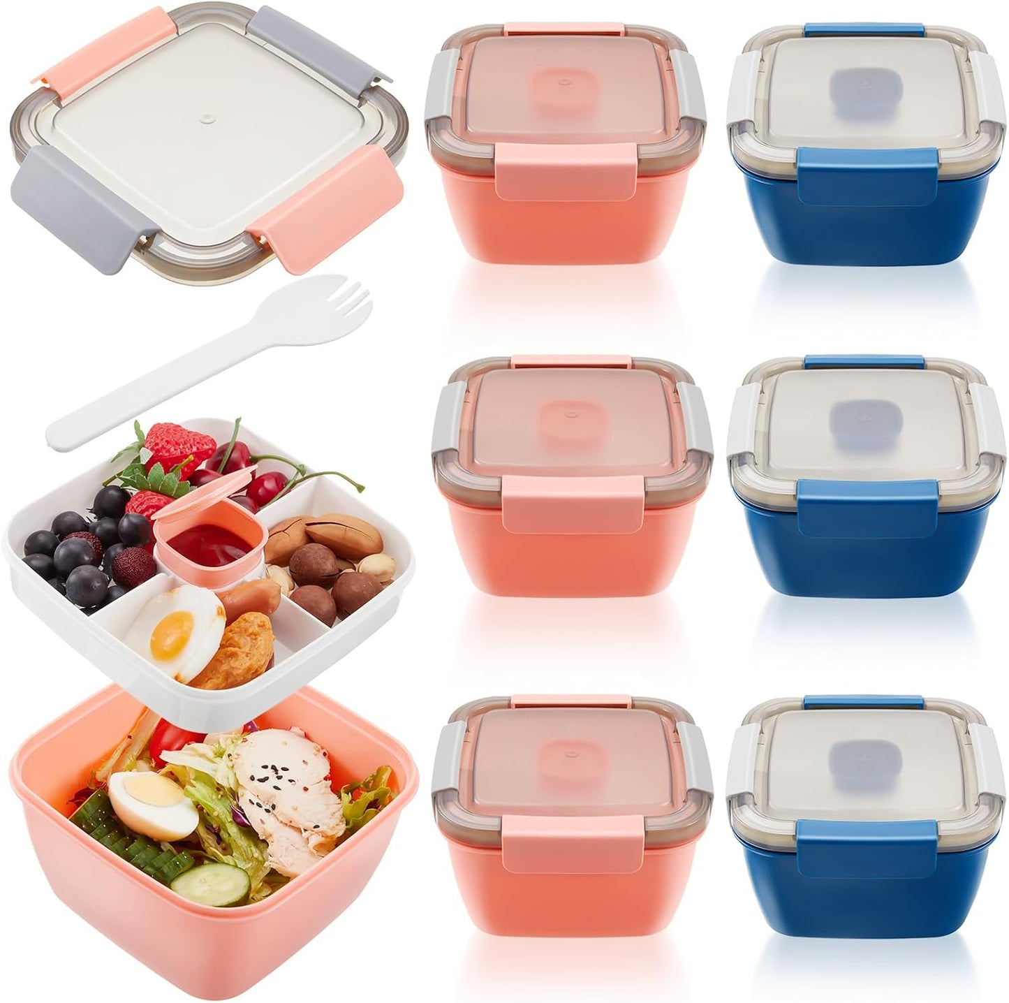 Tessco for you 6 Pcs Salad Lunch Container 50 oz Salad Container with 3 Compartment Reusable Bento Box for Adults Stackable Lunch Bowl for Meal Snack Fruit(Pink)