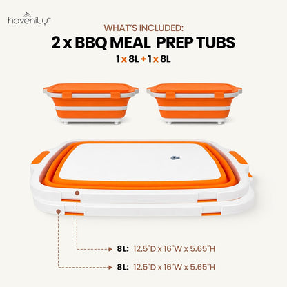 BBQ Prep Tub 2 Pack (8L+8L) - Multifunctional Collapsible Camping Cutting Board with Upgraded Locking Lid, Meal Prep Meat Storage Container Perfect for Grilling, Outdoor Cooking (Large x 2)