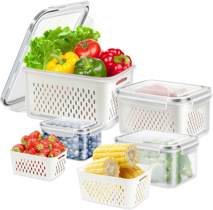 10 Pieces Fruit Storage Container for Fridge, 5 Pack Plastic Fruit Containers for Fridge with Removable Colander, Container for Fruit Berry Salad, BPA Free Kitchen Refrigerator Organizers