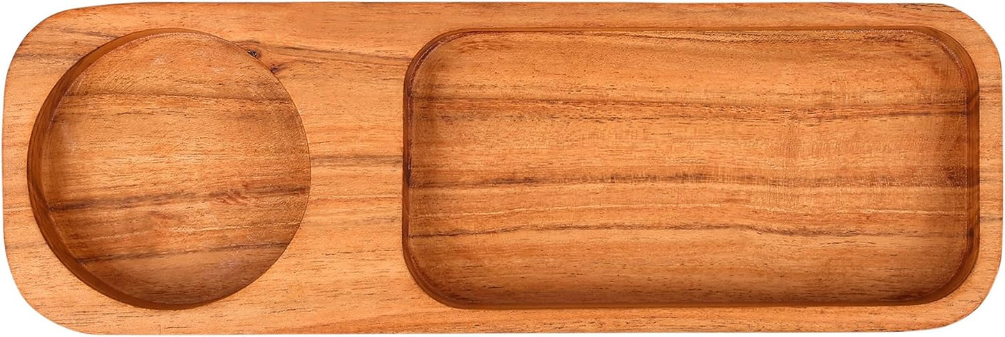 GoCraft Acacia Wood Partition Serving Platter – 12 x 4 Inch – with Ceramic Dip Bowl | Rustic Wooden Snack Tray with Sectioned Compartments for Chips, Nachos, Cheese, Fruits, Appetizer | Natural Finish