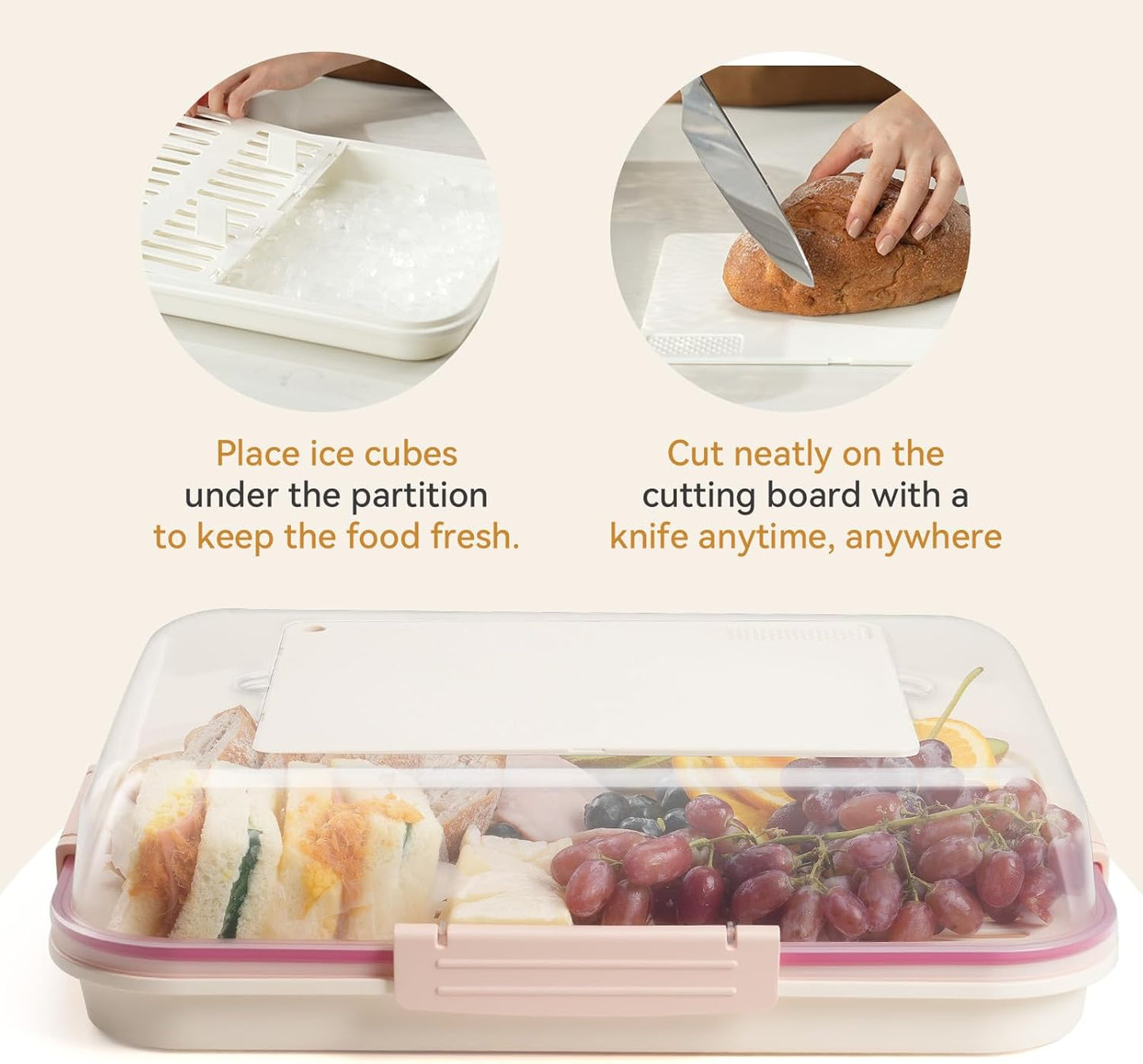 Food Storage Container with Cutting Board Lid, Snack Tray with Ice Pack Compartment & Removable Divider (Cream)