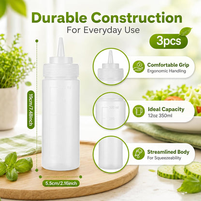 3PCS 12oz Squeeze Bottles for Sauces, Condiment Squeeze Bottles