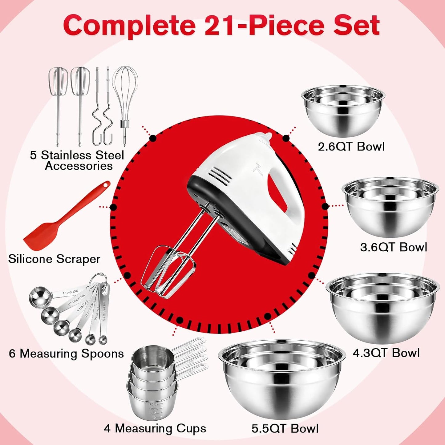 Showvigor Electric Hand Mixer with Stainless Steel Mixing Bowl Set –7 Speeds Turbo-Boost Hand Mixer with Large Mixing Bowls, Measuring Cups, Spoons & Spatula for Kitchen Cakes Eggs Baking(Pink)