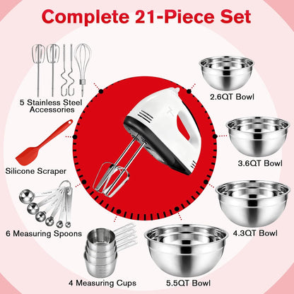 Showvigor Electric Hand Mixer with Stainless Steel Mixing Bowl Set –7 Speeds Turbo-Boost Hand Mixer with Large Mixing Bowls, Measuring Cups, Spoons & Spatula for Kitchen Cakes Eggs Baking(Pink)