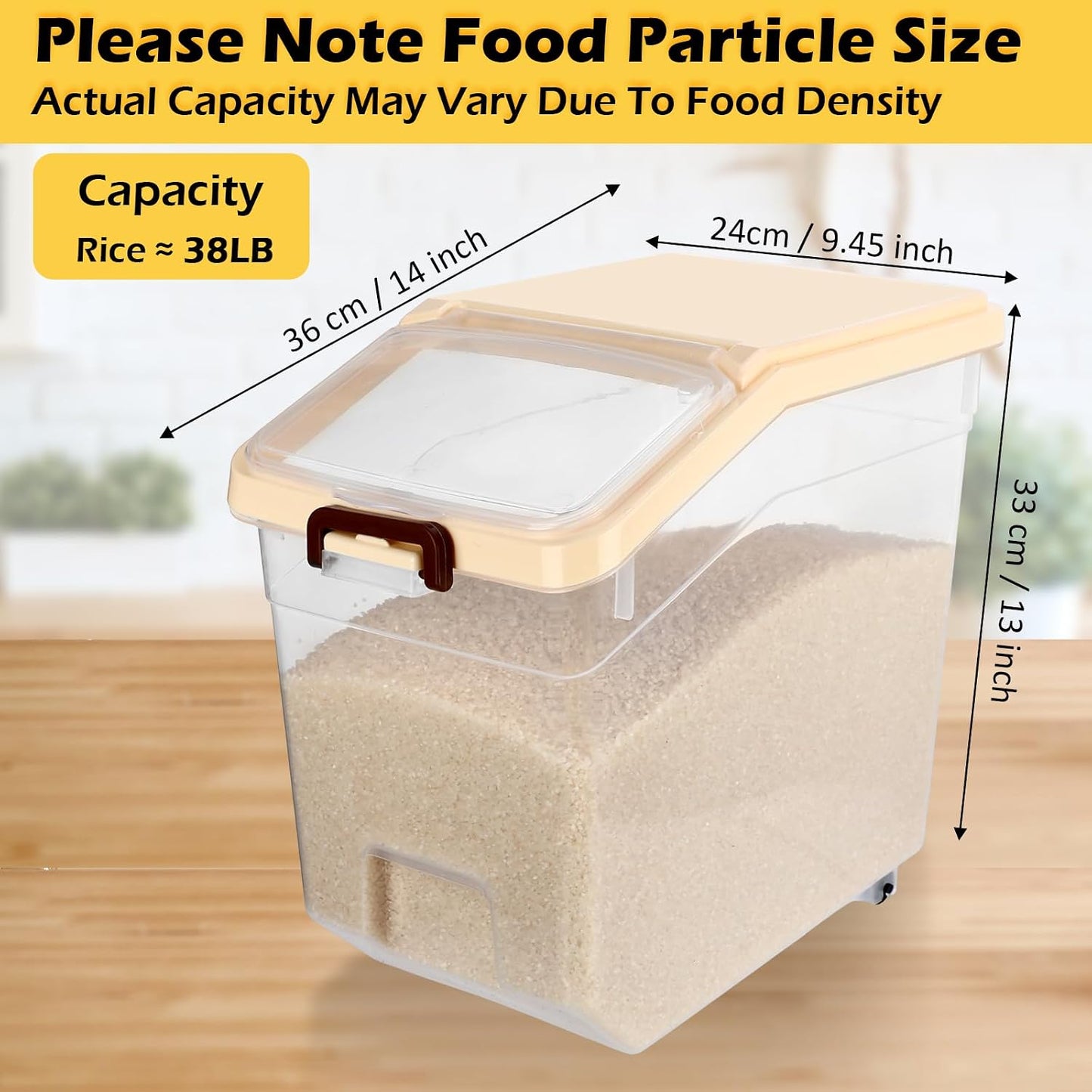 Sunnyray 4 Pcs Rice Storage Containers Bulk Flour Sugar Container Wheels Measuring Cups Set Airtight Pet Dog Cat Birds Food Bin Grain Cereal Organizer Box for Dry Baking (Beige,38 lb)