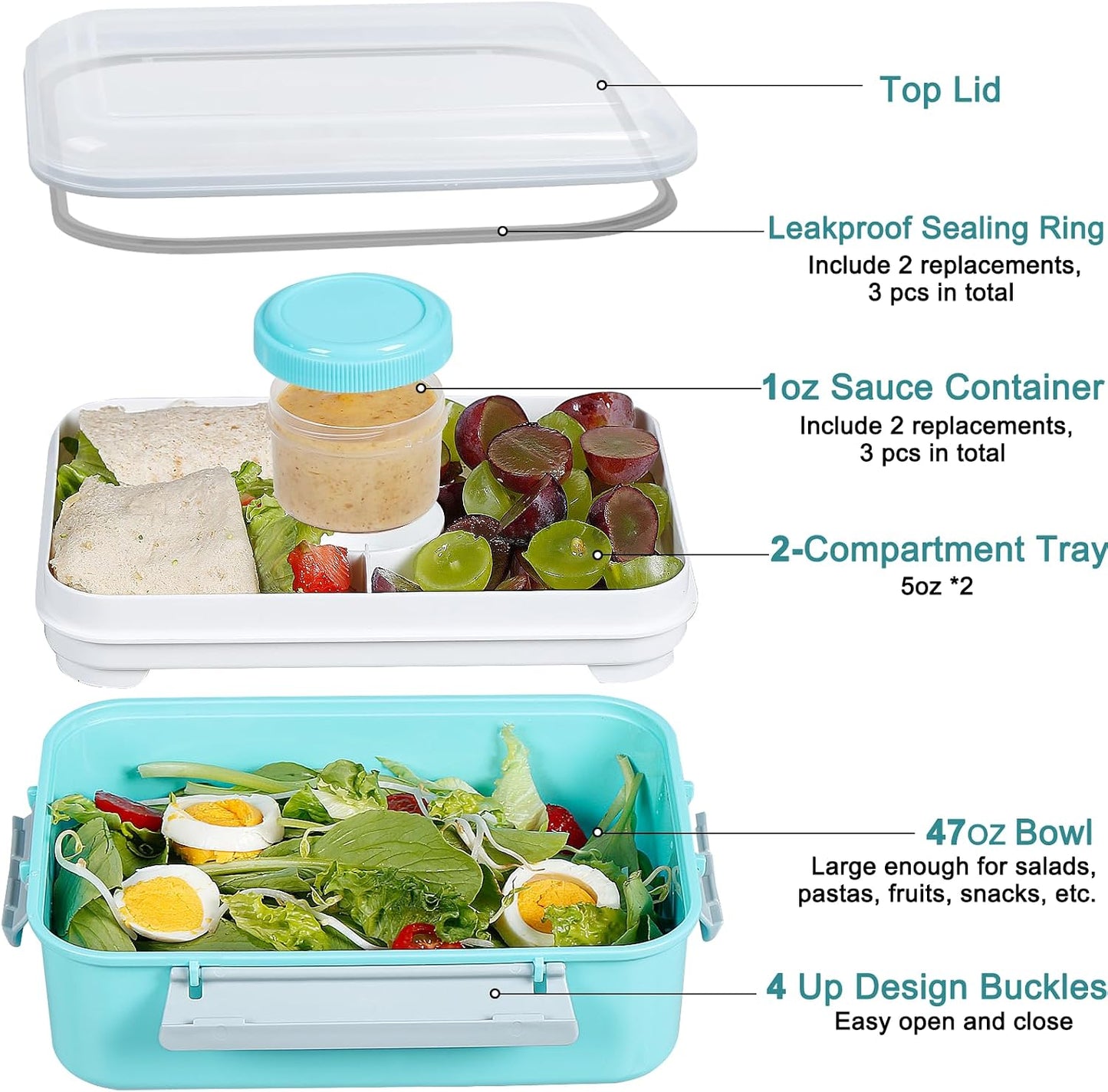 3 Pack Salad Lunch Box Food Storage Containers, 47oz Bento Box To Go Container with Lids, Reusable Meal Prep Containers with Removable Tray & Dressing Pots for Kids and Adults, Microwave Safe