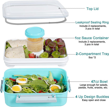 3 Pack Salad Lunch Box Food Storage Containers, 47oz Bento Box To Go Container with Lids, Reusable Meal Prep Containers with Removable Tray & Dressing Pots for Kids and Adults, Microwave Safe