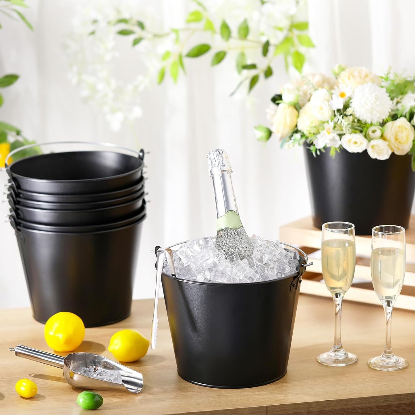 Zopeal 12 Pcs Galvanized Beer Bucket Set, Includes 8 Metal Ice Buckets 5qt with 2 Scoops & 2 Tongs, Round Slive Pails Bulk for Weddings Birthday Beach Pool Party Supplies Summer Table Centerpieces