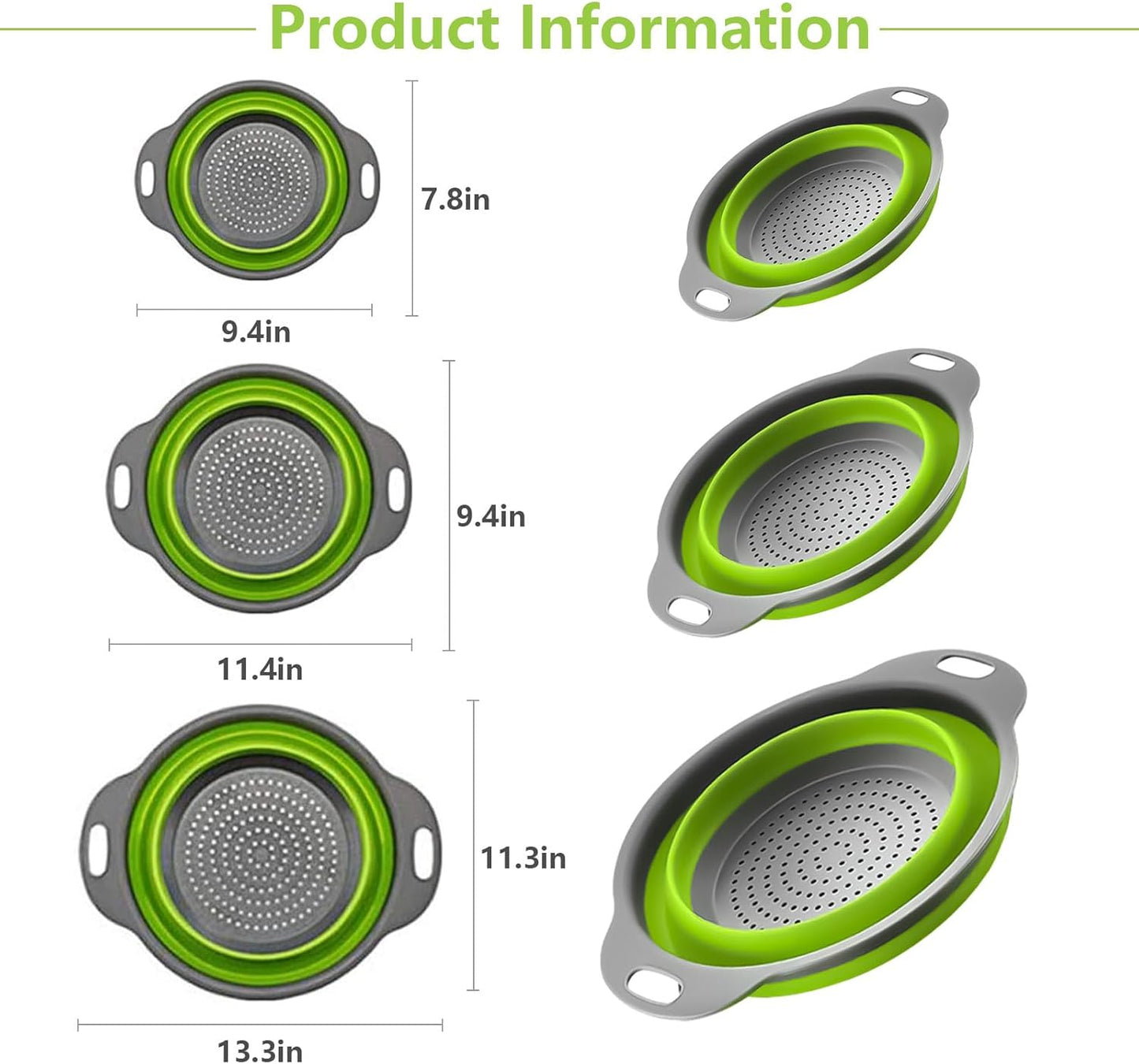 ONFAMICO Collapsible Colander Set of 3 - Heat Resistant Washing and Draining of Vegetables Fruits Pasta - Perfect for Kitchen and Travel Use (3PCS-Green)