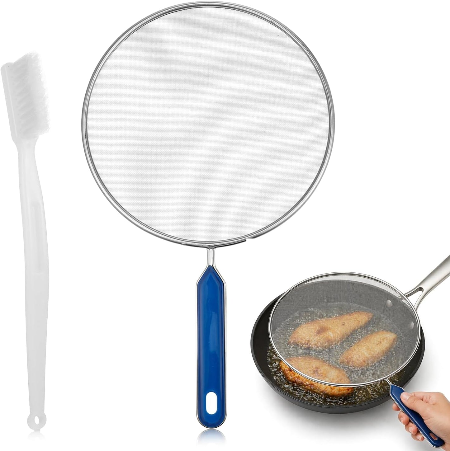 Splash Guard for Frying Pan, 8 Inch Stainless Steel Oil Splatter Screen for Frying Pans with Nylon Brush Fine Mesh Spatter Shield Frying with Pan Cooking Supplies Shield from Splashing Oil