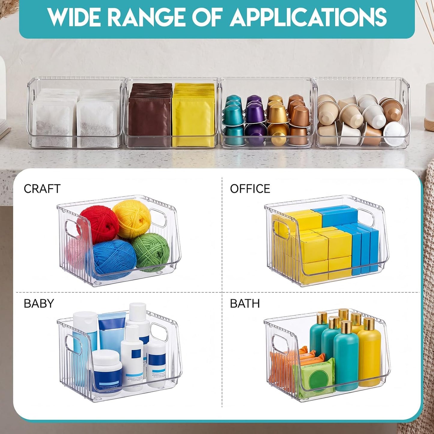 Novabright 4 Pcs Clear Plastic Storage Bins Stackable Pantry Storage Organizer Kitchen Cabinet Organizers Ideal Containers for Coffee Pod Tea Sugar Bag Office Fridge Caddy