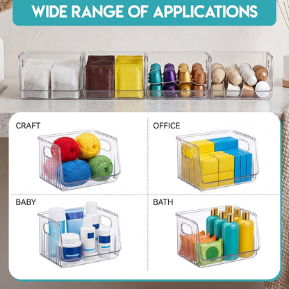 Novabright 4 Pcs Clear Plastic Storage Bins Stackable Pantry Storage Organizer Kitchen Cabinet Organizers Ideal Containers for Coffee Pod Tea Sugar Bag Office Fridge Caddy