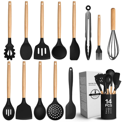 14 PCs Black Silicone Cooking Utensils Set with Holder - Versatile Kitchen Utensils with Sturdy Wooden Handles - Heat Resistance Silicone Kitchen Utensil Set with Holder for All Cooking & Baking Needs