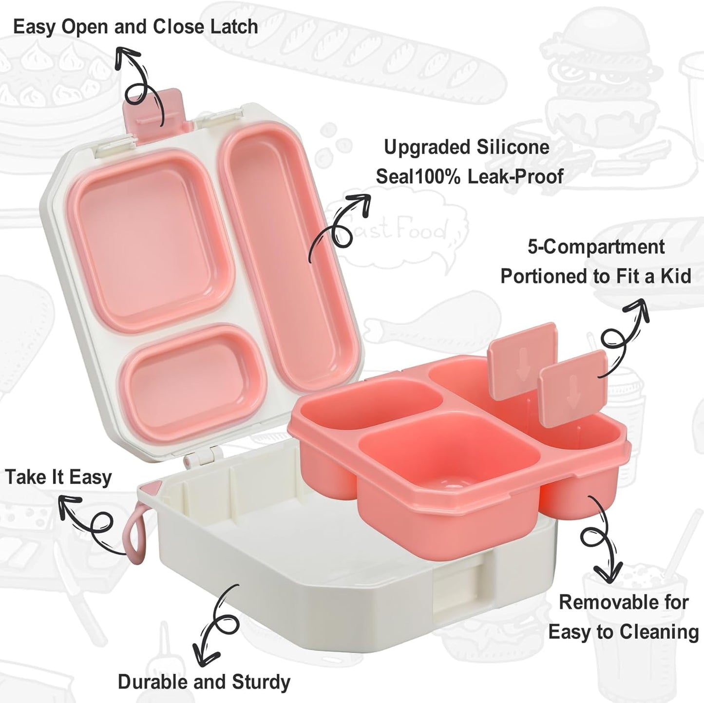 Itslife Bento Lunch Box Set for Kids with 12oz Soup Thermo&Lunch Bag, Leak-Proof Lunch Food Containers for Kids School, 5 Compartment, Sauce Cup, 10 Notes (Dinosaurs Black)