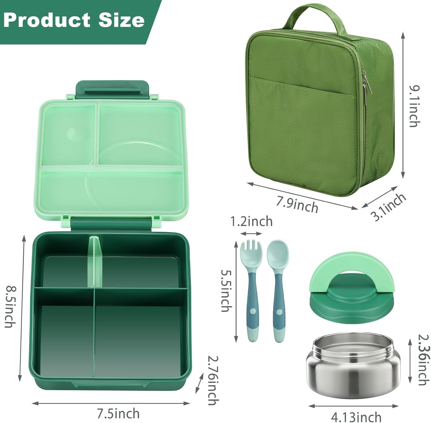 Bento Lunch Box Set for Kids with 8oz Soup Thermo, Leak-Proof Lunch Containers with 4 Compartment, Kids Thermo Hot Food Jar and Insulated Lunch Bag for Kid to School-Black