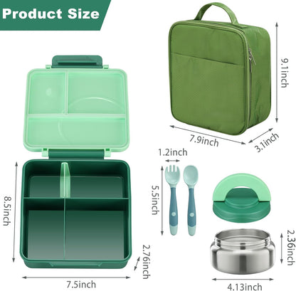 Bento Lunch Box Set for Kids with 8oz Soup Thermo, Leak-Proof Lunch Containers with 4 Compartment, Kids Thermo Hot Food Jar and Insulated Lunch Bag for Kid to School-Black