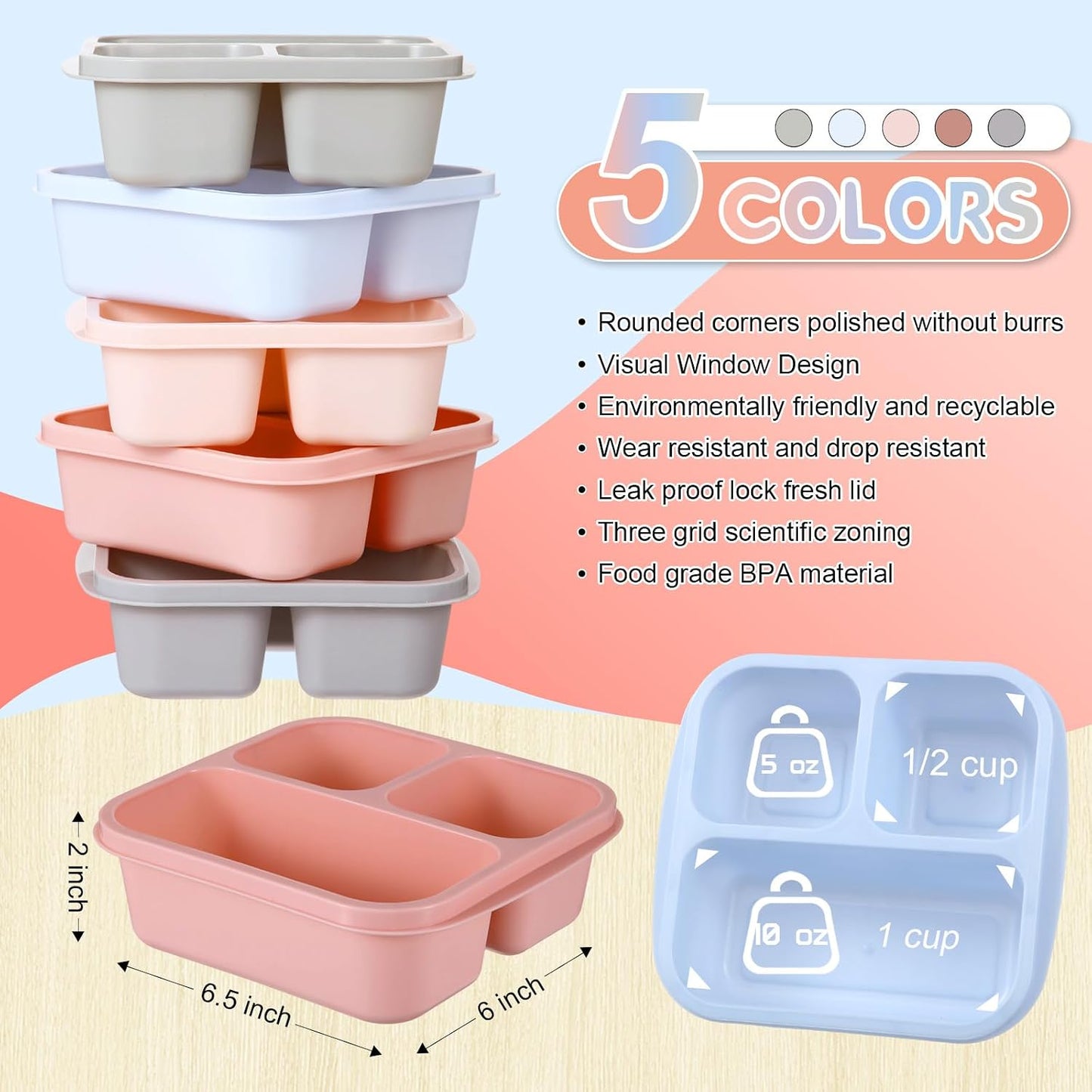 Honeydak 5 Pack Snack Containers 3 Compartment Bento Snack Boxes Divided Meal Prep Containers with Lids Reusable Adults Lunch Food Storage Box for School Work Travel(Elderberry)
