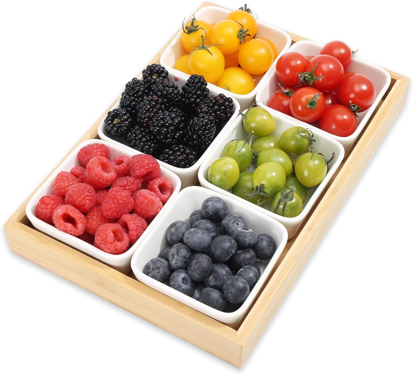 Ceramic Snack Bowls with Bamboo Tray Set,Divided Serving Bowls and Platters for Hosting & Party,Removable Serving Dishes for Chips and Dip,Fruit,Veggies,Candy and Snacks Kitchen Decor (4)