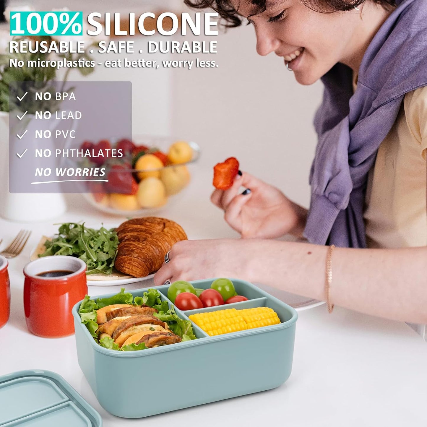 Silicone Bento Box Adult Lunch Container, 3 Compartment Container, Food Grade Silicone Bento Lunch Box for Work Travel Meal Prep, Leak-proof Food Storage Container（1 Pack Nile Blue）