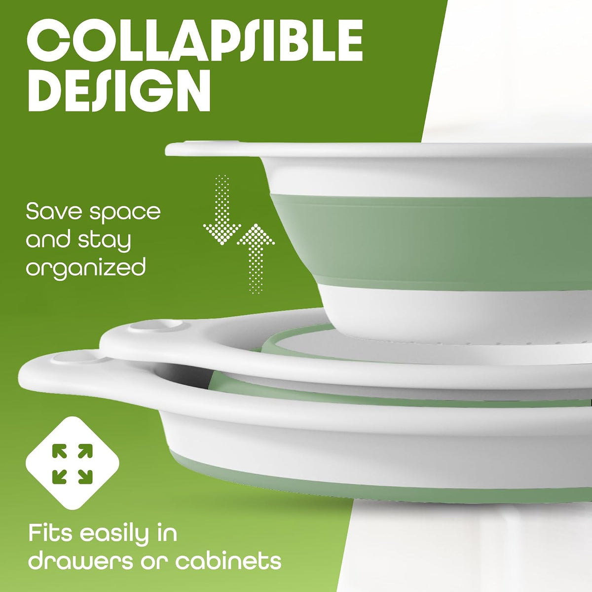 Collapsible Colanders (2 Pack Set) Food Strainers with Over-Sink Water Draining Base for Pasta Fruits and Vegetables (4 and 5 Quart) - White Beige