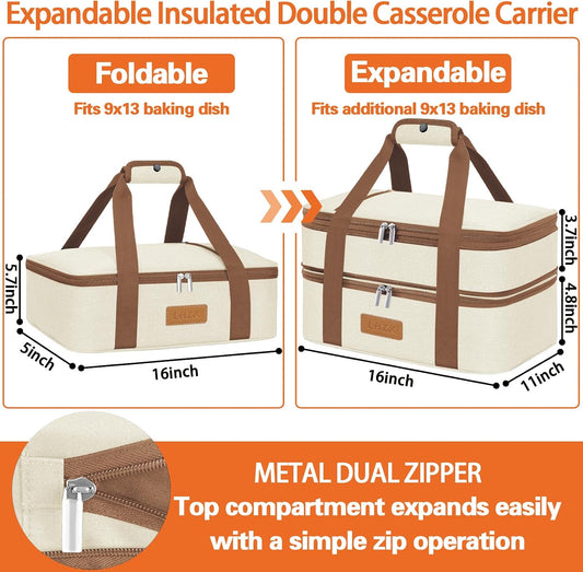 LHZK Double Decker Insulated Casserole Carrier for Hot or Cold Food, Expandable Hot Food Carrier, Lasagna Holder Tote for Potluck Parties, Picnic, Beach, Fits 11 x 15 or 9 x 13 Baking Dish (Black)