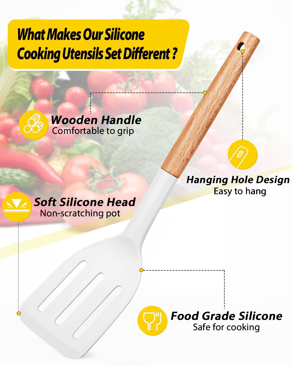 Pack of 4 Silicone Cooking Utensils Set, Non Stick Solid Spatulas and Heat Resistant Slotted Spoons with Wooden Handle, Ideal Wood Kitchen Utensils Set for Frying,Serving,Turning,Stirring (KHAKI)