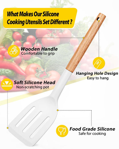 Pack of 4 Silicone Cooking Utensils Set, Non Stick Solid Spatulas and Heat Resistant Slotted Spoons with Wooden Handle, Ideal Wood Kitchen Utensils Set for Frying,Serving,Turning,Stirring (KHAKI)