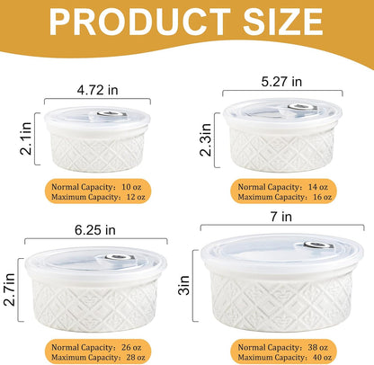 Airtight Food Storage Containers with Lids Mixing Bowls Set, Ceramic Serving Bowls with Lids Set of 4, 12/16/28/40 oz Stackable Nesting Salad Bowls for Cooking, Baking, Ramen - Beige