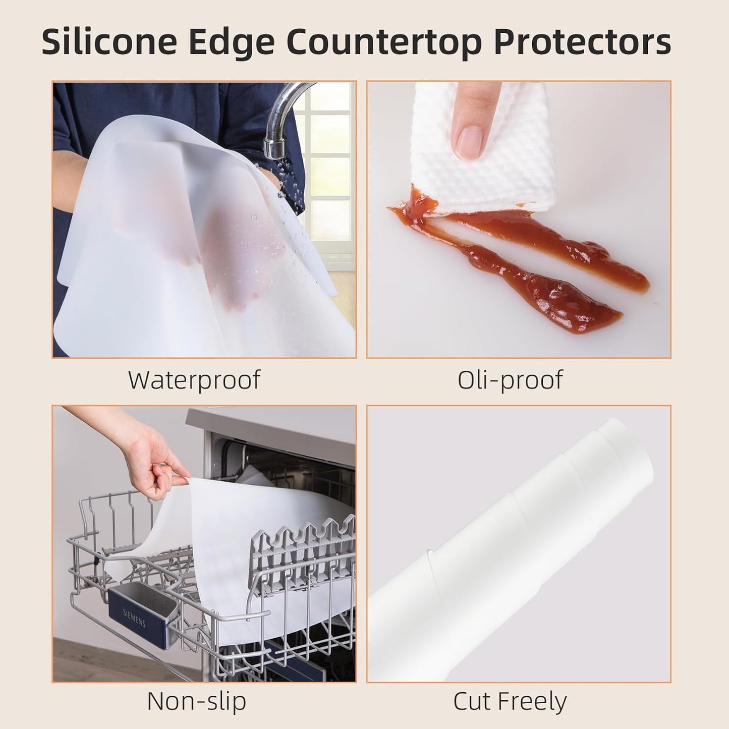 Silicone Mat with Edge Protection, 28" x 20" Large Kitchen Counter Protector Mat, Heat Resistant Desk Saver Pad for Craft Baking, Cut to Fit Placemat Non-Slip Easy to Clean Table Coffee Mat (White)